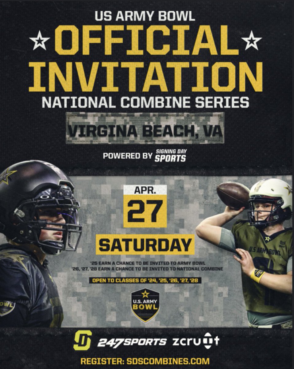 Thank you @USArmyBowl @SDSports and @JJKilgore_SDS for the invite. Looking forward to competing against the best. @Coach_Favero @Jc5fitness @CoachJSchluet @willbradleysp @a_redd20 @247Sports @western_va