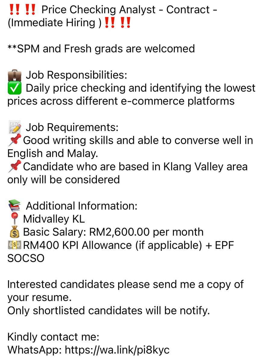 Hi everyone! I am looking to hire for below position. Anyone interested can just whatsapp me for more details. wa.link/pi8kyc @Kerjacarirezeki @twt_kerjaMY @KerjaKosongWoi @twt_penganggur @Oh_KerjaKosong @CKKMY18 @JobVacanciesMY @kerja_kosongMY @kerjakosong123