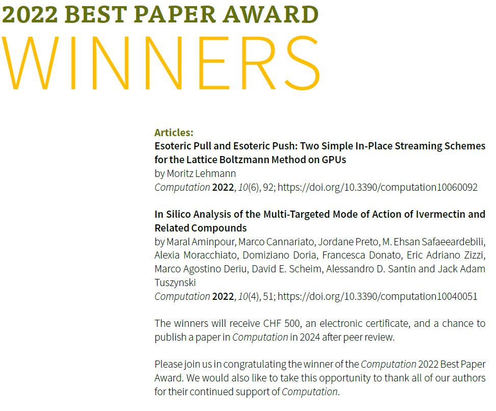 🏆 Exciting news from #Computation 2024! Congrats to the #MDPIAwardWinners winners: 1. Moritz Lehmann @unibt and 2. Maral Aminpour @UAlberta , Jack Adam Tuszynski @PoliTOnews Et al. 🌟Details: mdpi.com/journal/comput…