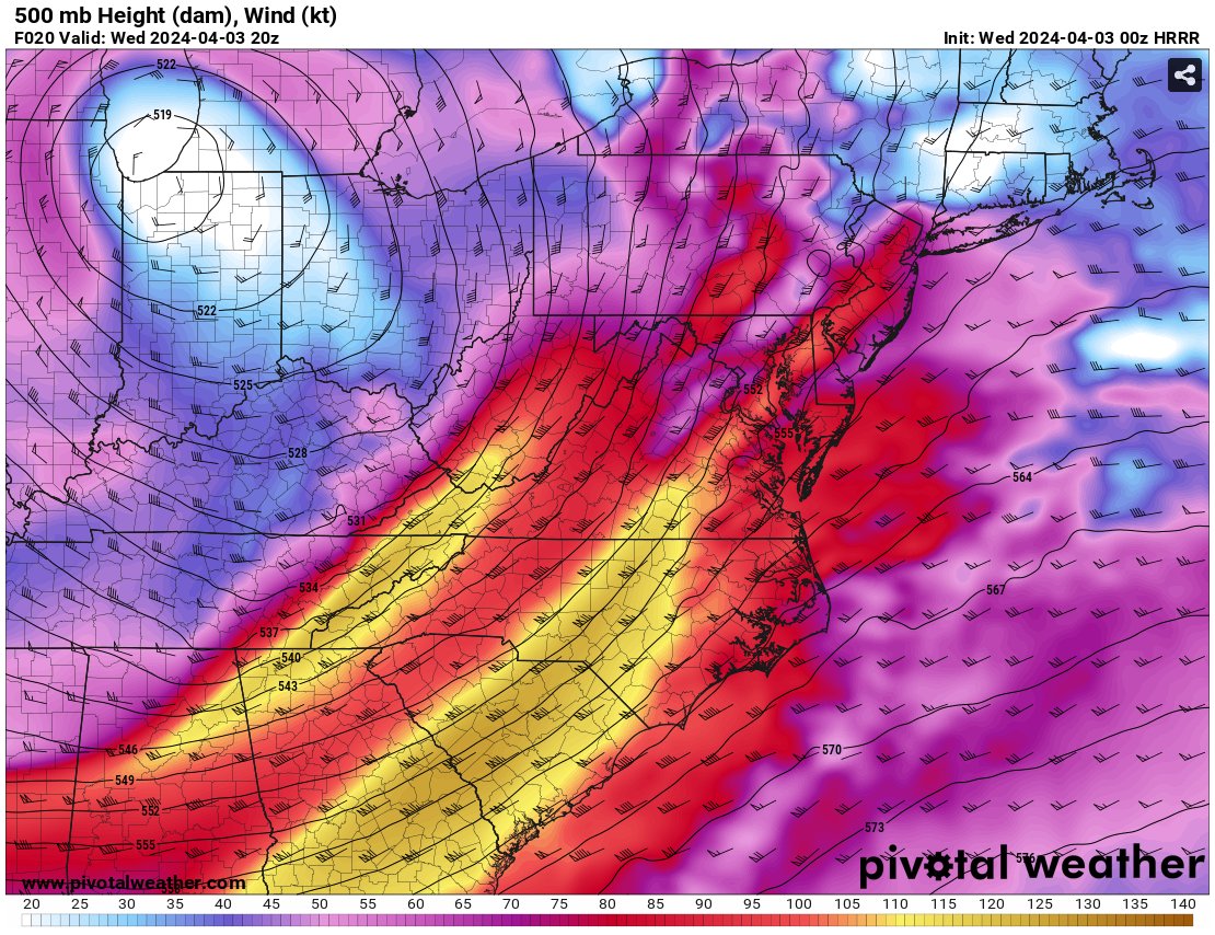 Decent severe environment across eastern NC and VA Wednesday but timing seems off. Upper-level wind comes in too late with the right jet exit region suppressing storm development most of the day. Better chance in VA. We'll watch for something isolated from 10 AM-5 PM. #ncwx #vawx