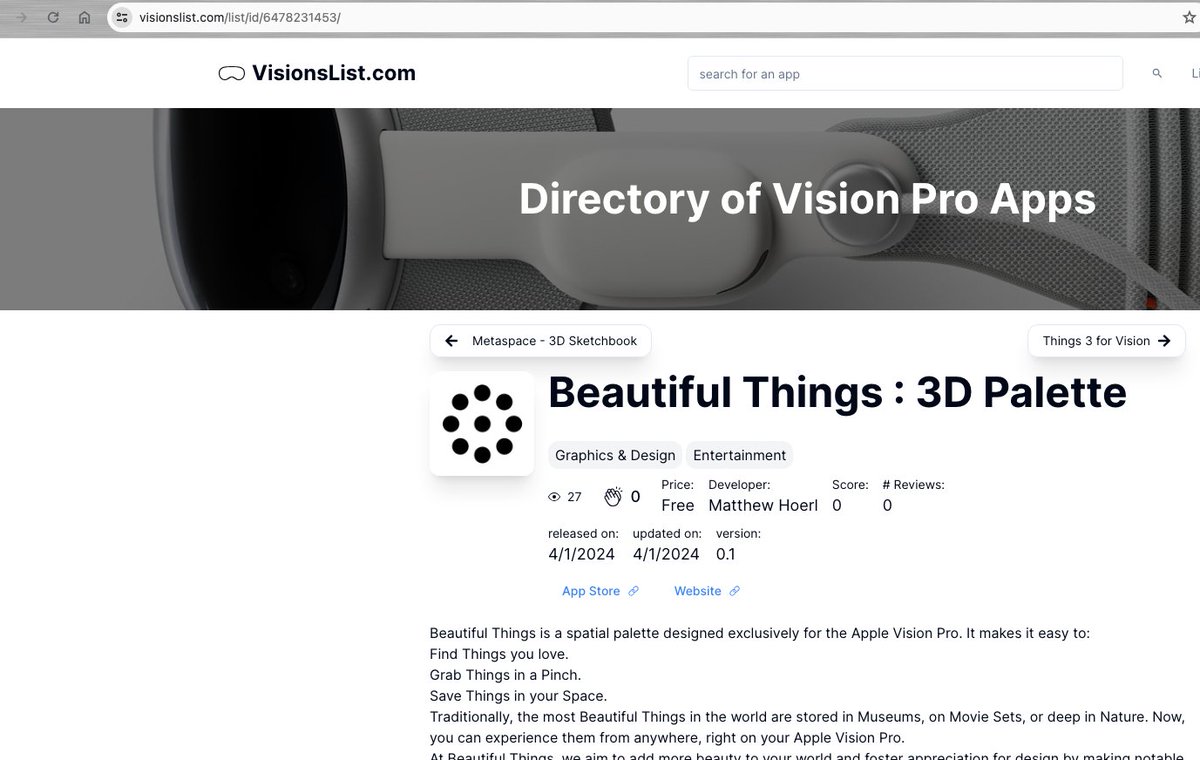 🌟New Update on VisionsList.com
Find any Vision Pro app just by using the Apple Id and the URL `/list/id/<id>`