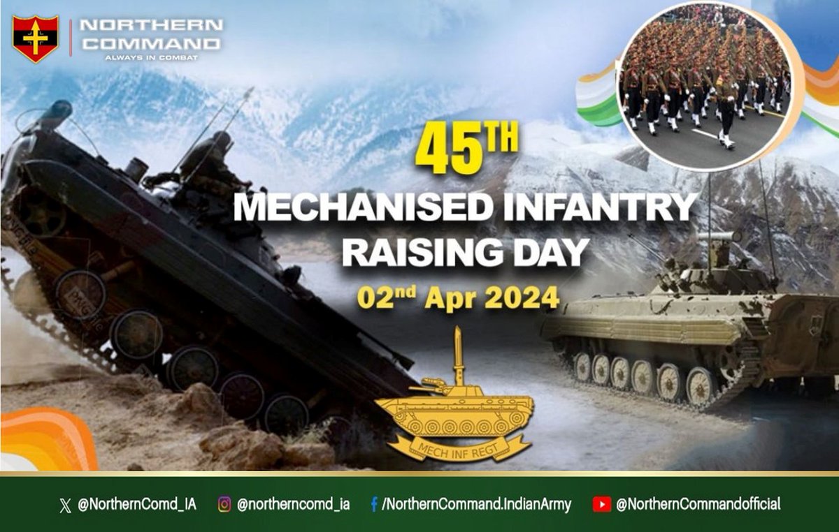 Valour & Faith
#LtGenMVSuchindraKumar #ArmyCdrNC conveys best wishes to All Ranks & Veterans of #MechanisedInfantry Regiment & their Families on the occasion of 45th #RaisingDay.
#progressingJK#NashaMuktJK #VeeronKiBhoomi #BadltaJK #Agnipath #Agniveer #Agnipathscheme #earthquake