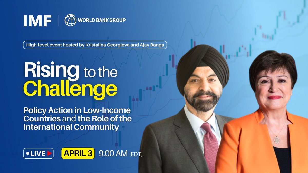 On April 3, hear from @WorldBank's Ajay Banga and the IMF's @KGeorgieva on supporting low-income nations toward sustainable & inclusive recovery. Join us for a live discussion on policy action and global support: bit.ly/3BwTLdZ