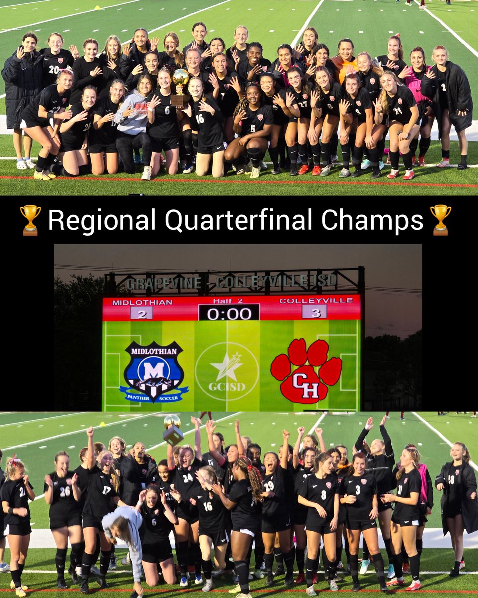 🏆Regional Quarterfinal Champs🏆 What a nail-biter! Colleyville Heritage earns a 3-2 team victory over an excellent Midlothian team! 🙌 @ALove2024⚽️ @oliviabelcher07⚽️🅰️ Own goal @GCISD_Athletics @CHPantherPride @tascosoccer @Gosset41 @GCISD @LethalSoccer @ImYouthSoccer