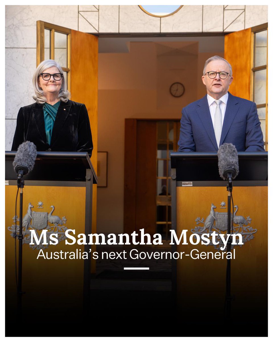 On recommendation by PM @AlboMP, His Majesty King Charles III has approved the appointment of Ms Samantha Mostyn AO as Australia’s next Governor-General.