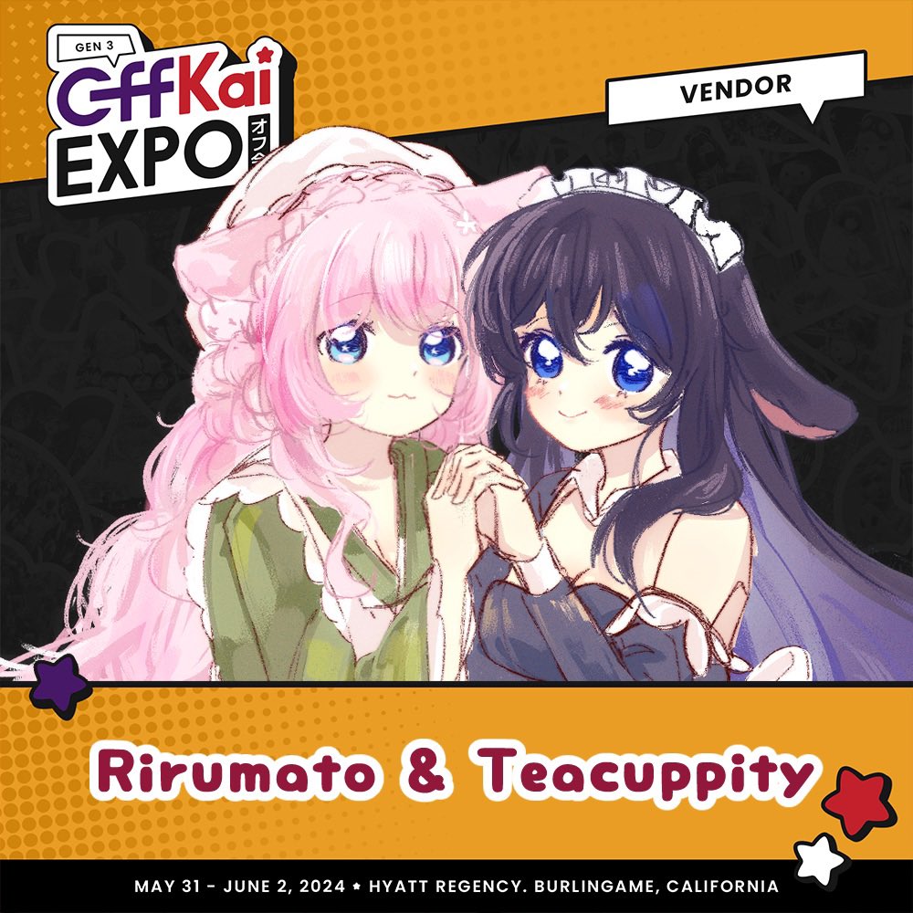 🌸OFFKAI ANNOUNCEMENT🌸 Riru & Seol (@teacuppity) We will be tabling together @OffKaiExpo May 31 - June 2nd!! We’re excited to see everyone and in the process of making bunch of cool merch 😳 #OffKaiGen3