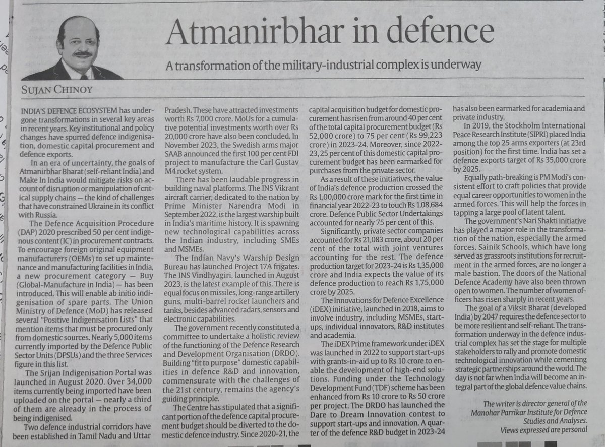 My piece in the @IndianExpress today on #AtmanirbharBharat #MakeInIndia in #defence aimed at transforming the #military #industrial complex and promoting #DefenceExports #ViksitBharat and resilient public & private sectors. Great scope for #FDI and foreign collaboration too.