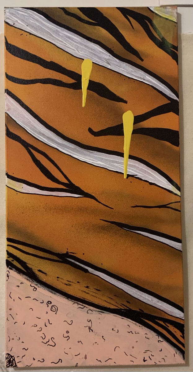 'The Mustard Tiger' Acrylic, enamel paint pens on canvas. 12x24 inch canvas. For sale. Artist: S.Finch #Artist #ArtistOnX #Painting #Trailerparkboys #Artbyfinch