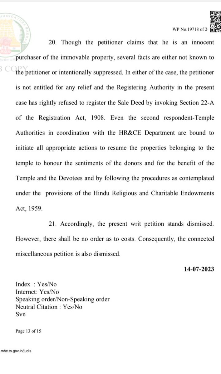 Caveat Emptor தத்துவம்: பொருளை வாங்குபவரே பொறுப்பாக அதற்கு முன் அதனை சரிபார்த்தல் வேண்டும். பொருள் பரிவர்த்தனையின் போது வாங்குபவர் கவனமாக இருத்தல் வேண்டும்.  அகஸ்தீஸ்வரர் கோயில் நில பதிவு செய்ய கோரிய வழக்கில் அது முடியாதென ஜூலை 23இல் அதிரடியாக தீர்ப்பளித்தார் மாண்பமை நீதிபதி.