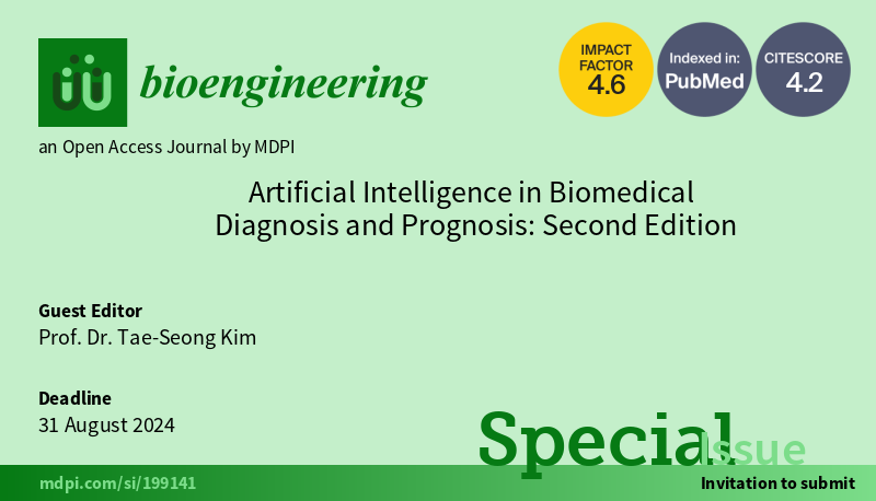 📢 The second edition of the Special Issue 'Artificial Intelligence in Biomedical Diagnosis and Prognosis' is now open for submissions! 🔗 Access more details here: mdpi.com/journal/bioeng…. #Medical #Diagnosis #prognosis #AI #MachineLearning #deeplearning