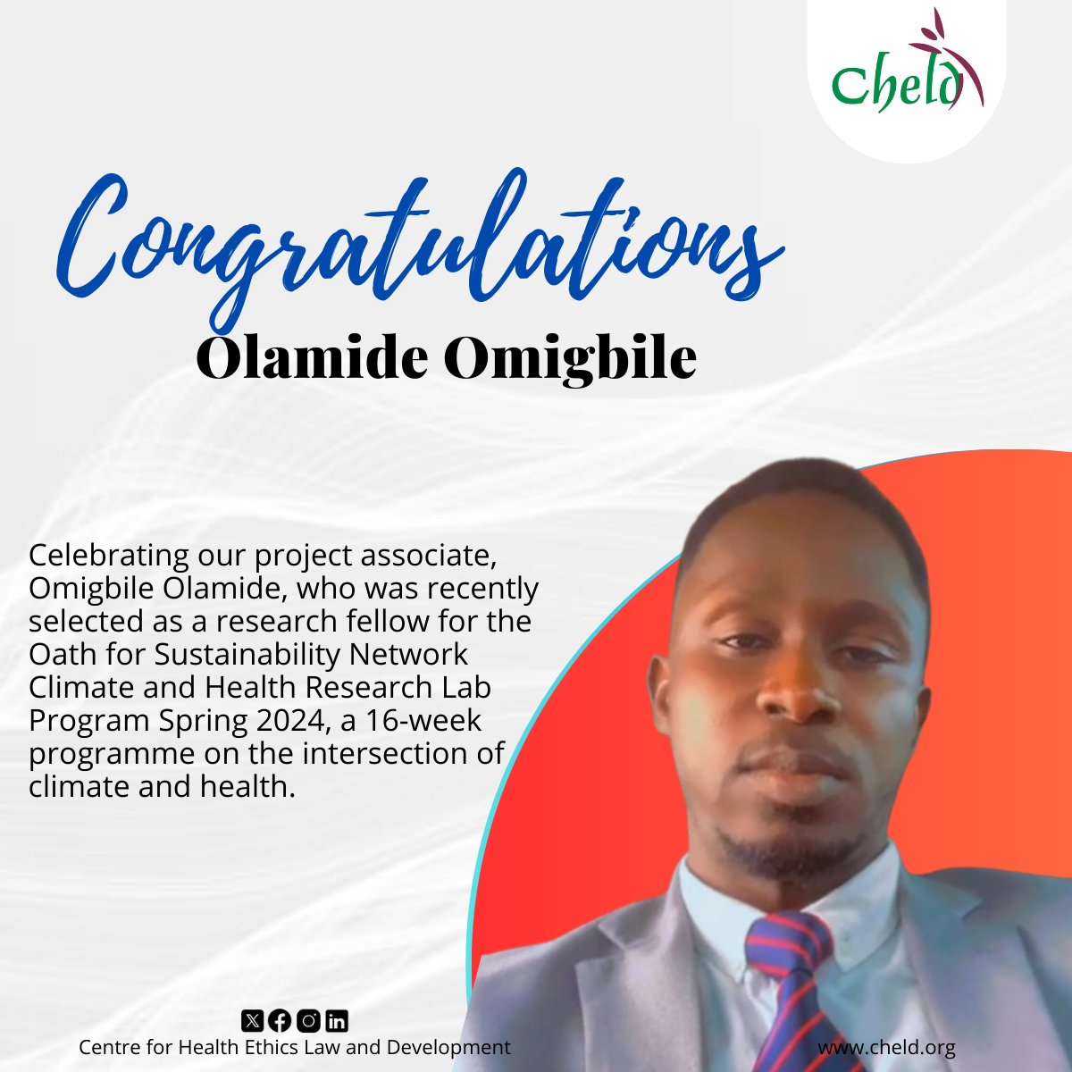 Congratulations to our project associate, <a href="/lamarkel/">Omigbile Olamide</a> who was recently selected as a research fellow for the Oath for Sustainability Network Climate and Health Research Lab Program Spring 2024, a 16-week programme on the intersection of climate and health.

#climatechange