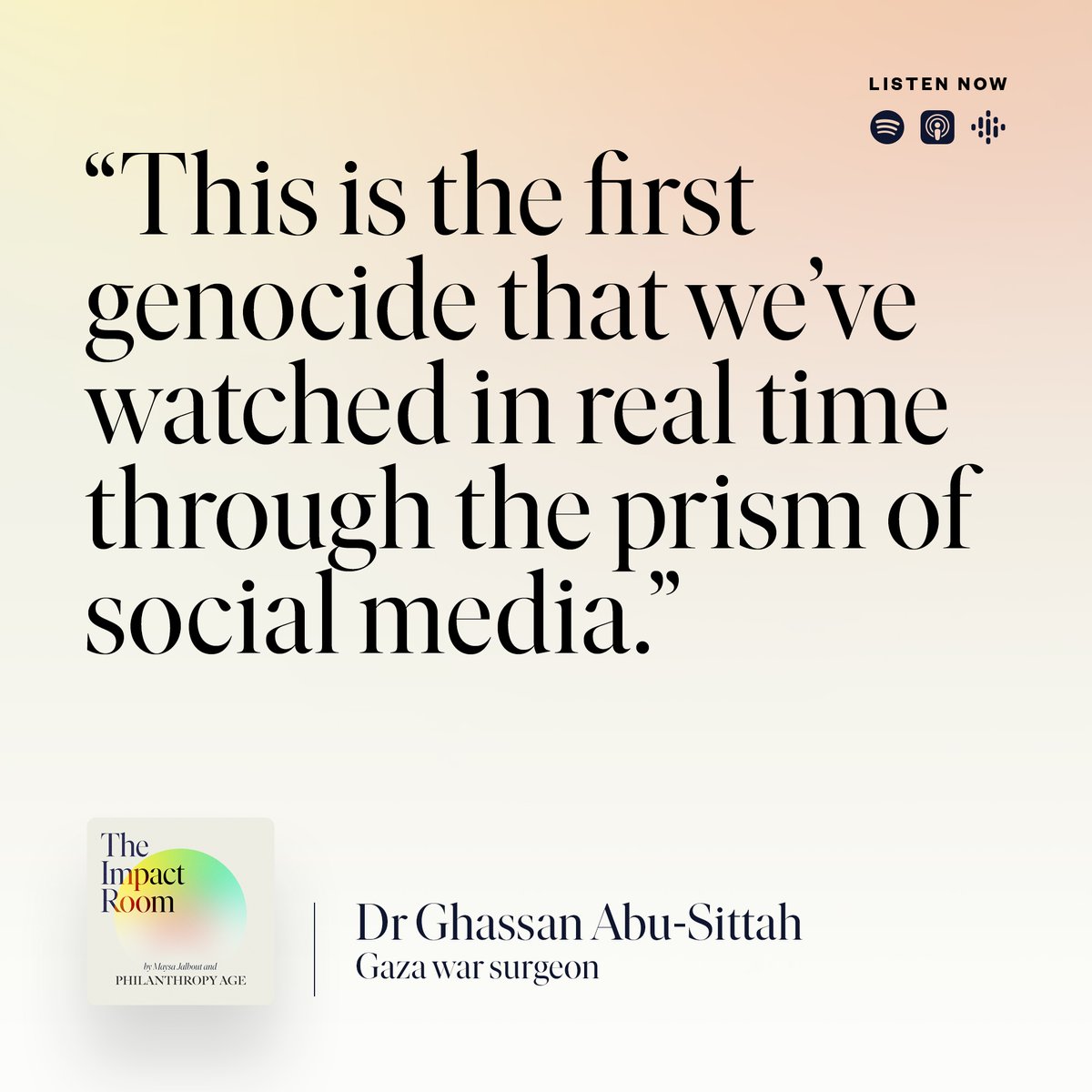 Philanthropy Age (@philanthropyage) on Twitter photo Dr <a href="/GhassanAbuSitt1/">Ghassan Abu Sitta</a> speaks to <a href="/MaysaJalbout/">Maysa Jalbout ๐๐ฐ๐</a> on #TheImpactRoom.
Find the interview here โก๏ธbit.ly/49jUPl6 or search for The Impact Room wherever you get your #podcasts. #Gaza #Genocide_in_Gaza Dr <a href="/GhassanAbuSitt1/">Ghassan Abu Sitta</a> speaks to <a href="/MaysaJalbout/">Maysa Jalbout ๐๐ฐ๐</a> on #TheImpactRoom.
Find the interview here โก๏ธbit.ly/49jUPl6 or search for The Impact Room wherever you get your #podcasts. #Gaza #Genocide_in_Gaza