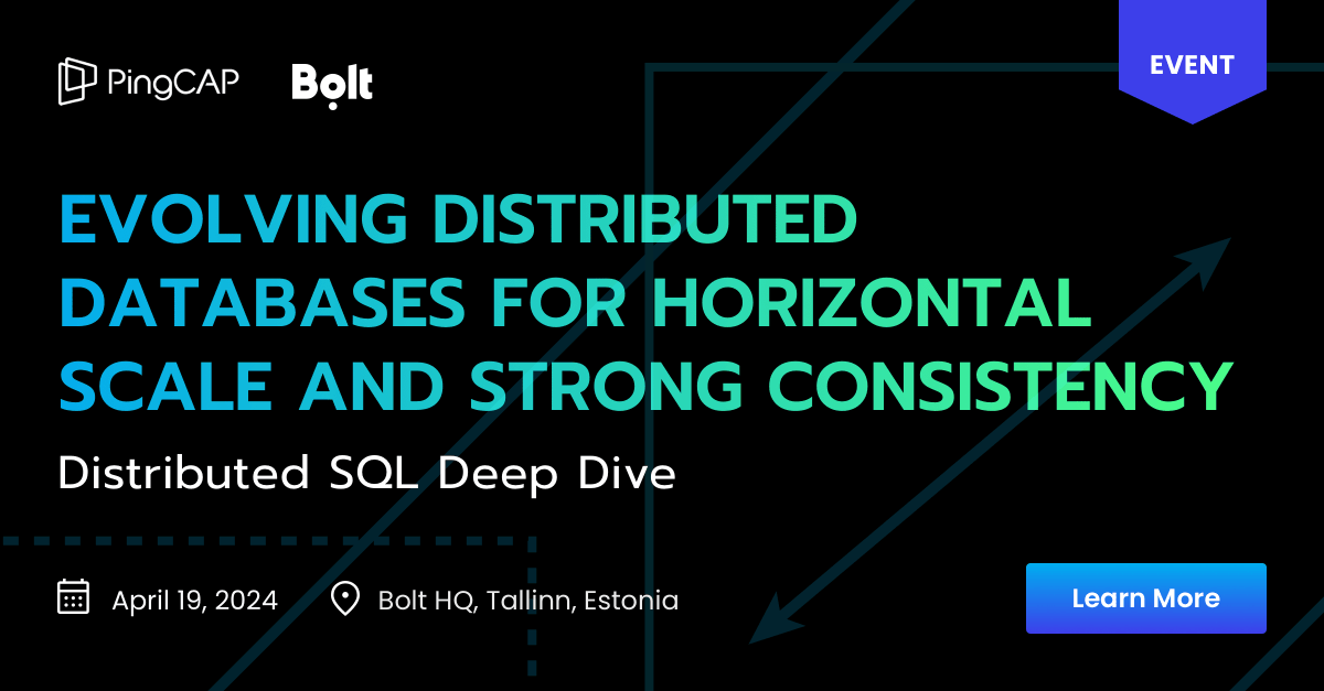 🎙️ Join us at the Bolt HQ in Tallinn, Estonia 🌍 on April 19 for a deep-dive discussion on distributed SQL databases. Explore this technology and the future of data management. 🔮 ⬇️ Click below to learn more and secure your seat! ⬇️ #DistributedSQL social.pingcap.com/u/BfmToa