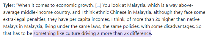 What did Tyler Cowen mean by "something like culture" driving ethnic Chinese success in Malaysia