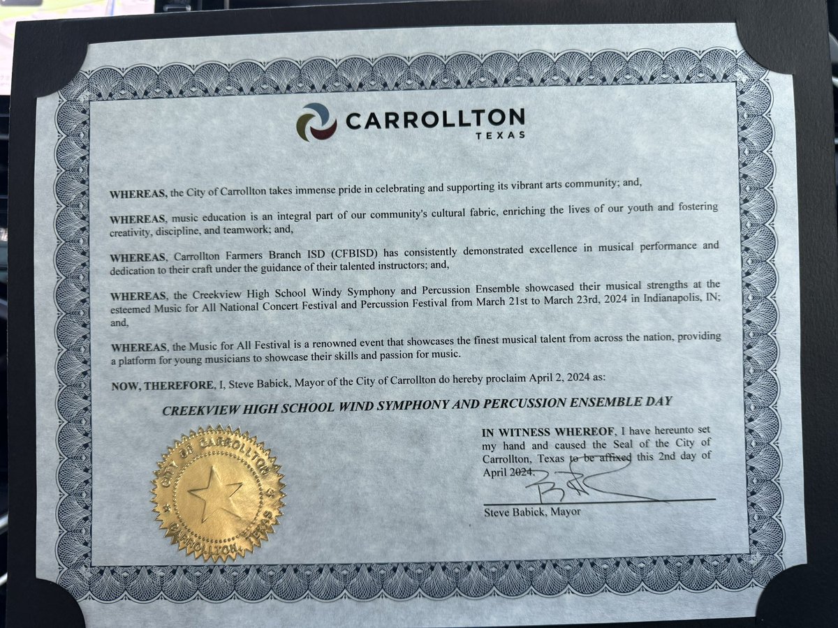 ajdenis's tweet photo. April 2nd is The Creekview Wind Symphony and Percussion Ensemble Day as proclaimed by the City of Carrollton, Mayor Steve Babick. We’re honored to receive this recognition and thankful for a community of great support!  @SteveBabick @CarrolltonTX @CFBISD @SulakCFB @lancehamlin https://t.co/GyX9BlM4rE