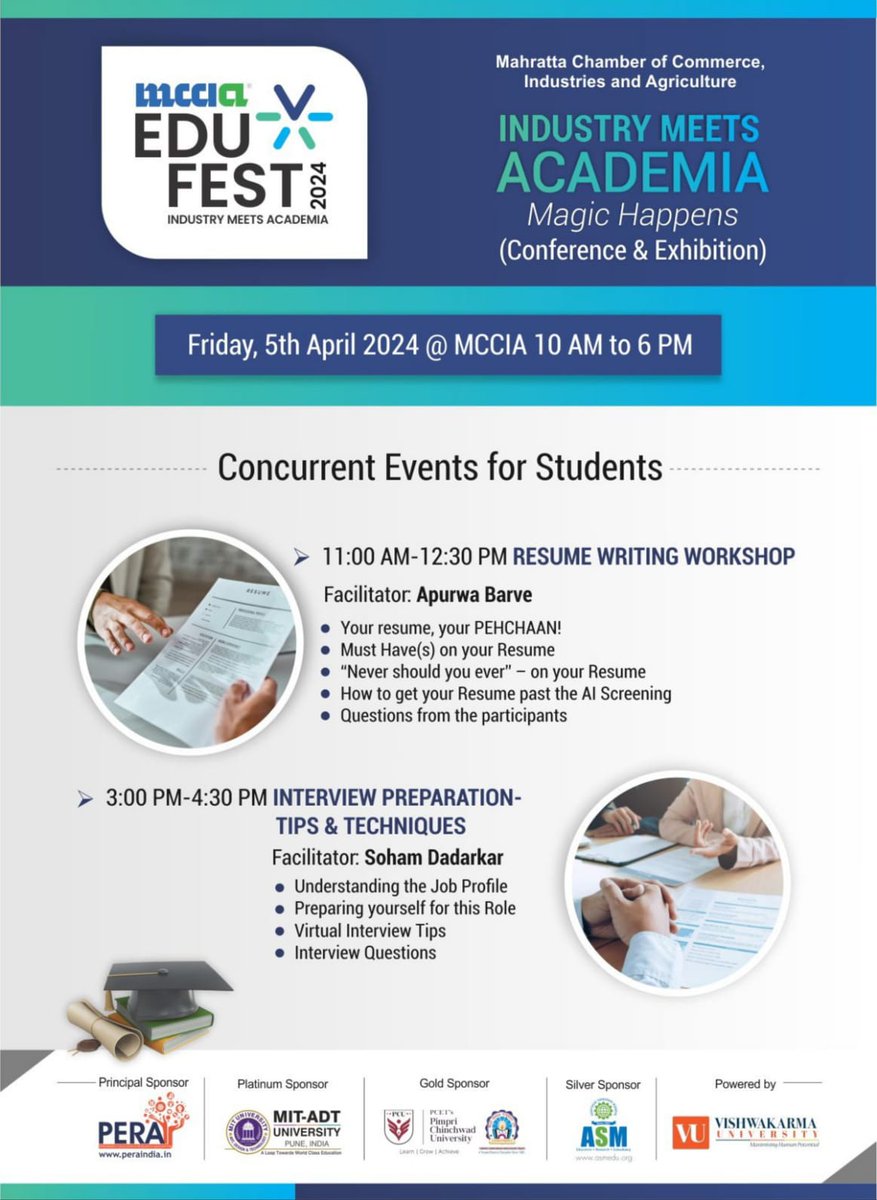 This Friday (5th April): MCCIA's Edu-Fest 2024 🎓Exclusive for students! Learn to craft compelling #resumes tailored to specific job requirements, highlighting your skills & experiences. Additionally, gain insights into #interview techniques, including how to answer common…