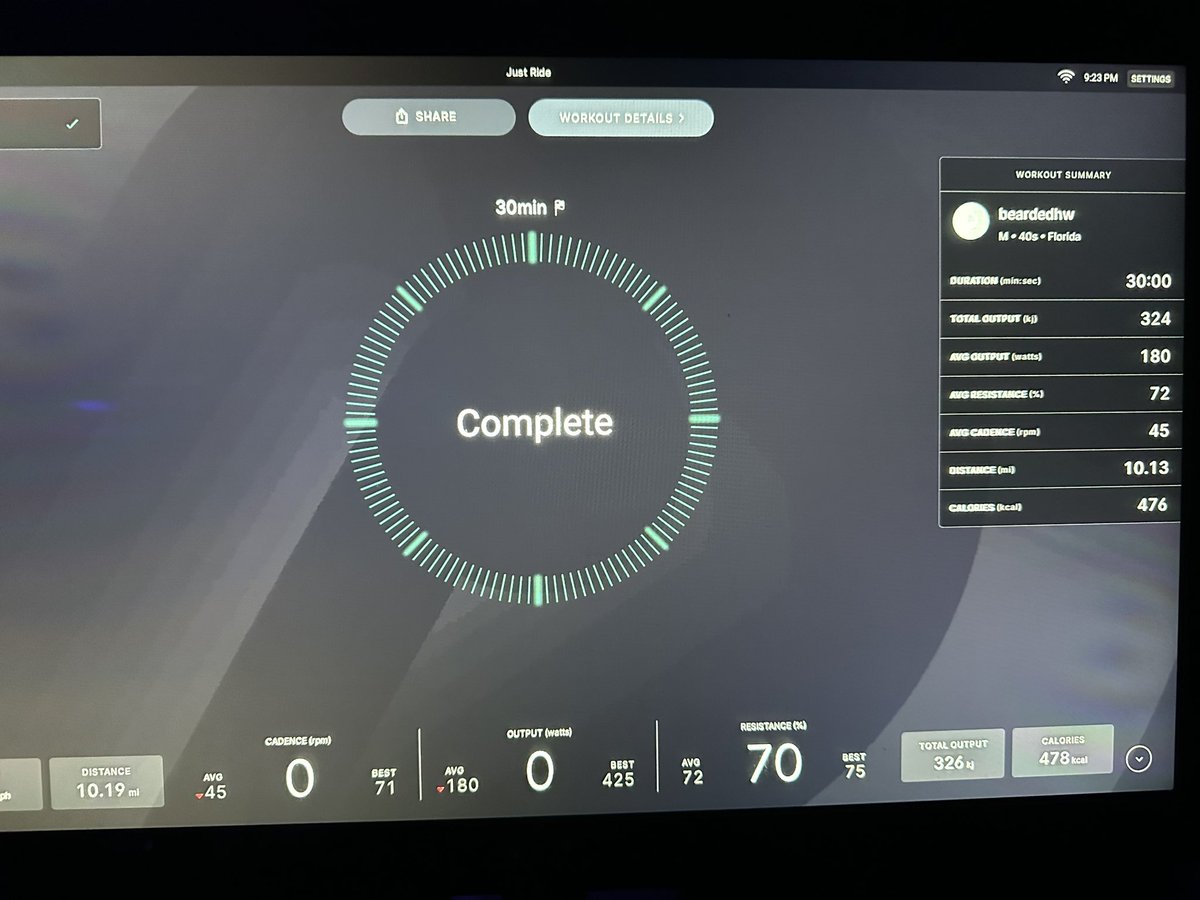 2nd day down… 4 x 30 minute sessions on the Peleton.. 10.30, 10.16, 10.30, 10.13 miles for a total of 40.89 miles. 82.01 miles in 2 days.
717.99 miles left for the month. Off day riding tomorrow.. weights day!