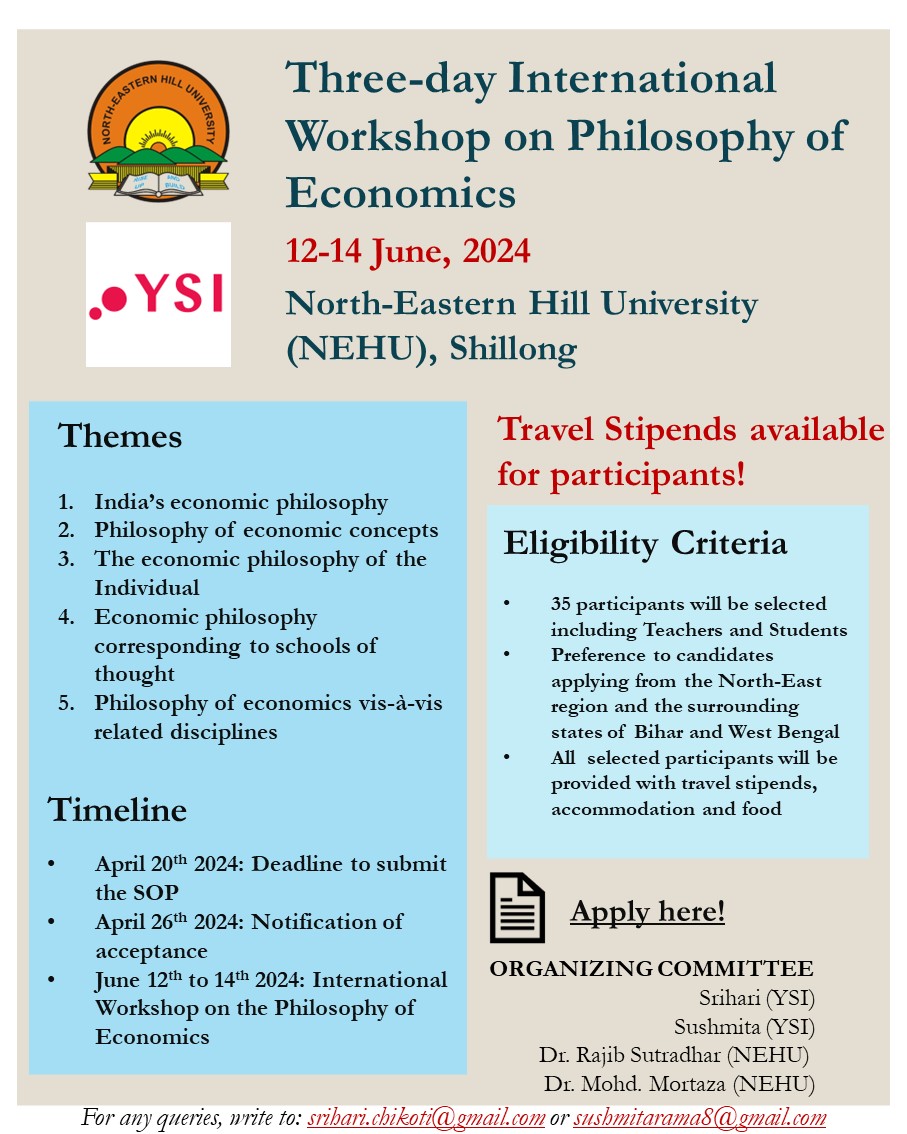 Alex M. Thomas (@alexmthomas) on Twitter photo Super thrilled to share the news of the upcoming YSI-NEHU workshop on the philosophy (& history) of economics in Shillong, India.
Instructors include economists, historians & philosophers. 🦋
ysi.ineteconomics.org/event/three-da…
<a href="/nehu_shg/">NEHU</a> <a href="/ysi_commons/">Young Scholars Initiative</a> <a href="/Sushmita_rs/">Sushmita Rama Subrahmanyam</a> <a href="/ChikotiSrihari/">SrihariChikoti</a> Super thrilled to share the news of the upcoming YSI-NEHU workshop on the philosophy (& history) of economics in Shillong, India.
Instructors include economists, historians & philosophers. 🦋
ysi.ineteconomics.org/event/three-da…
<a href="/nehu_shg/">NEHU</a> <a href="/ysi_commons/">Young Scholars Initiative</a> <a href="/Sushmita_rs/">Sushmita Rama Subrahmanyam</a> <a href="/ChikotiSrihari/">SrihariChikoti</a>