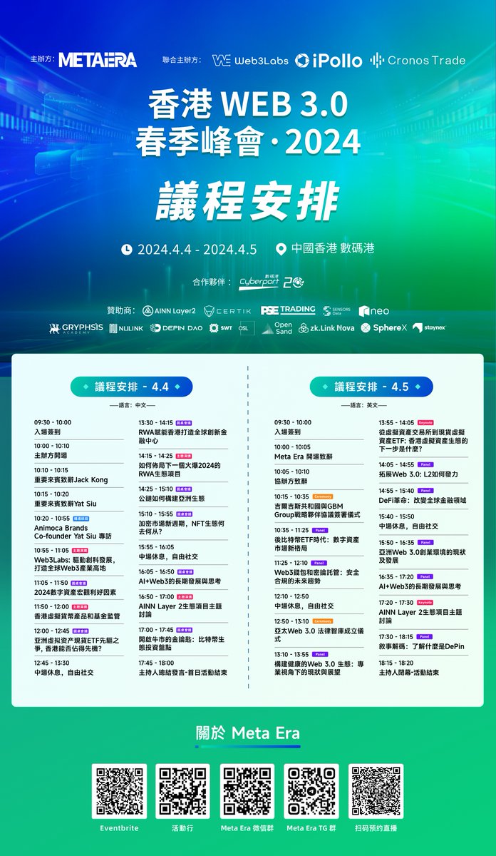 MetaEraCN's tweet image. 🚨 #MetaEra 「香港 Web 3.0 春季峰会」参会必备——查看最全议程！

🎥扫描海报二维码预约观看线上同步直播
🗺 活动地点：香港数码港商场 Cyber Arena
🕗活动时间：4月4日-4月5日

【活动官网】web3techweek.hk

#香港Web3 #香港活动