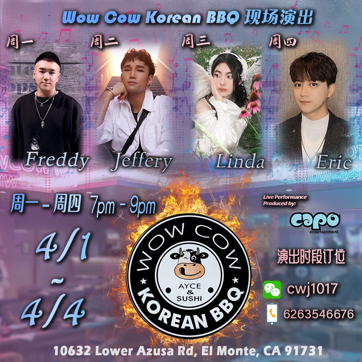 sumoliu's tweet photo. 🔥 Get ready to tantalize your taste buds at Wow Cow Korean BBQ and Sushi in El Monte! 🍣 Indulge in our all-you-can-eat extravaganza featuring mouthwatering BBQ and fresh sushi. 🥩 Plus, enjoy live entertainment by our talented singer every Monday through Thursday from 7 to 9pm! https://t.co/eM7g0GfE4q