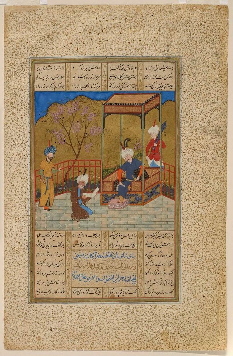 This rare miniature painting shows Amir Khusro presenting his book of poetry to Sultan Alauddin Khilji. 

Here Amir Khusro presents a book of poetry to Delhi Sultan Alauddin Khilji (1296-1316) Folio from Khamsa from C. 1504, Balkh. Alauddin would likely be having Turkic features.