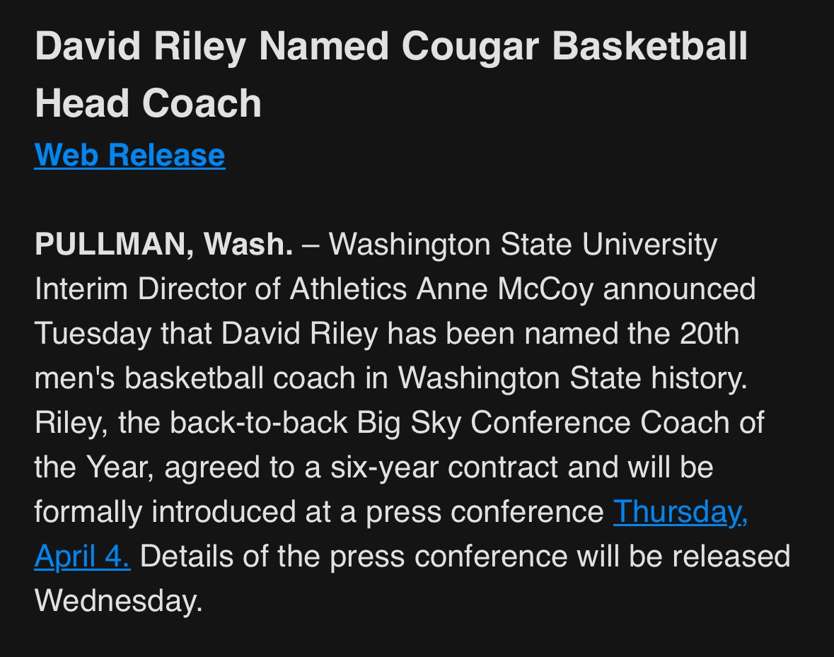 Washington State makes the hiring of David Riley official.