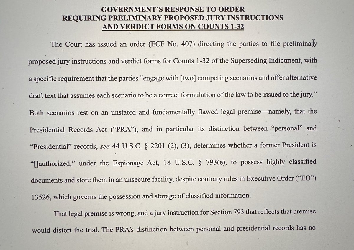 BREAKING: Jack Smith has filed his response to the jury instruction order by Cannon. 'Both scenarios rest on an unstated & fundamentally flawed legal premise...That legal premise is wrong, & a jury instruction... that reflects that premise would distort the trial.' 1/