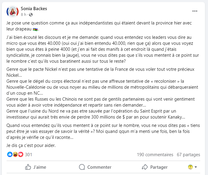 Sonia Backès annonce à la radio 200 personnes, puis sur les réseaux elle passe à 6000... Lorsque l'on traitre les uns de menteurs, il faut aussi faire attention à ne pas mentir soi-même ! #Faitescequejedismaispascequejefais"