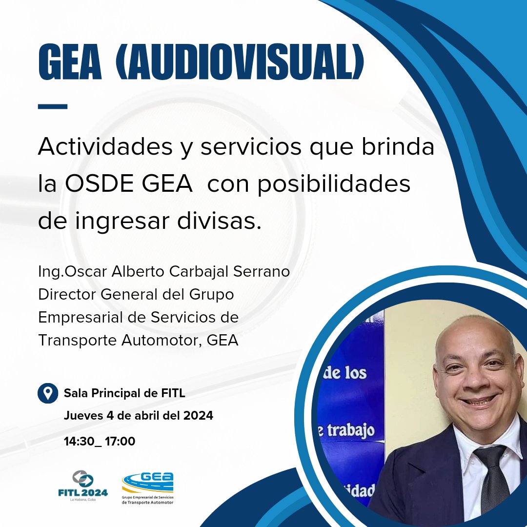 cuba_gea's tweet photo. 🛣️ #GEA en #FITL2024
🎞️ Nos complace anunciarles que el próximo jueves 4 de abril en la Sala Principal del #FITL nuestro Director General @OscarC_Gea, presentará a través de un audiovisual, las actividades y servicios que brinda @cuba_gea con posibilidades de ingresar divisas. https://t.co/hlDVdXNSry
