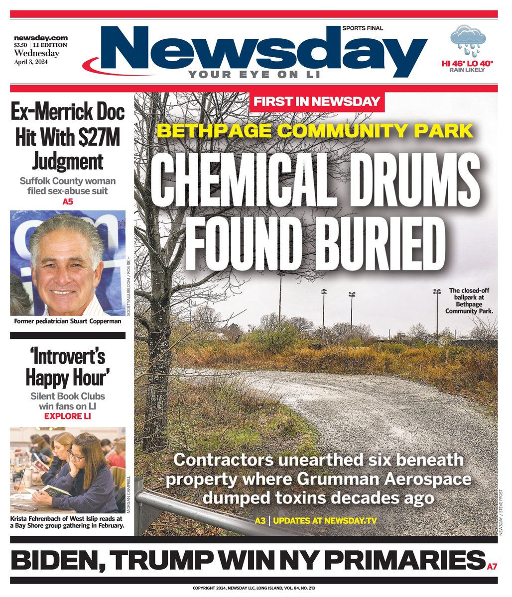 Newsday's tweet image. Wednesday's cover: Contractors unearthed six beneath property where Grumman Aerospace dumped toxins decades ago.
buff.ly/3PRixhJ
