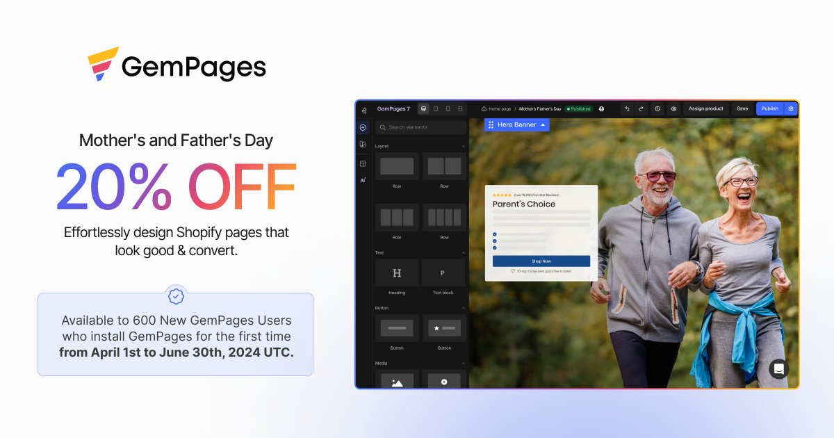 _BoostCommerce_'s tweet image. Our Partner #GemPages has Mother’s & Father’s Day Special Offer!
Enjoy a 20% discount on your first payment towards any of @gempages Monthly Plans from April 1st, 2024, to June 30th, 2024 UTC! (600 slots only).
🔗Discount code: MFD20
➡️ Claim your offer: apps.shopify.com/gempages