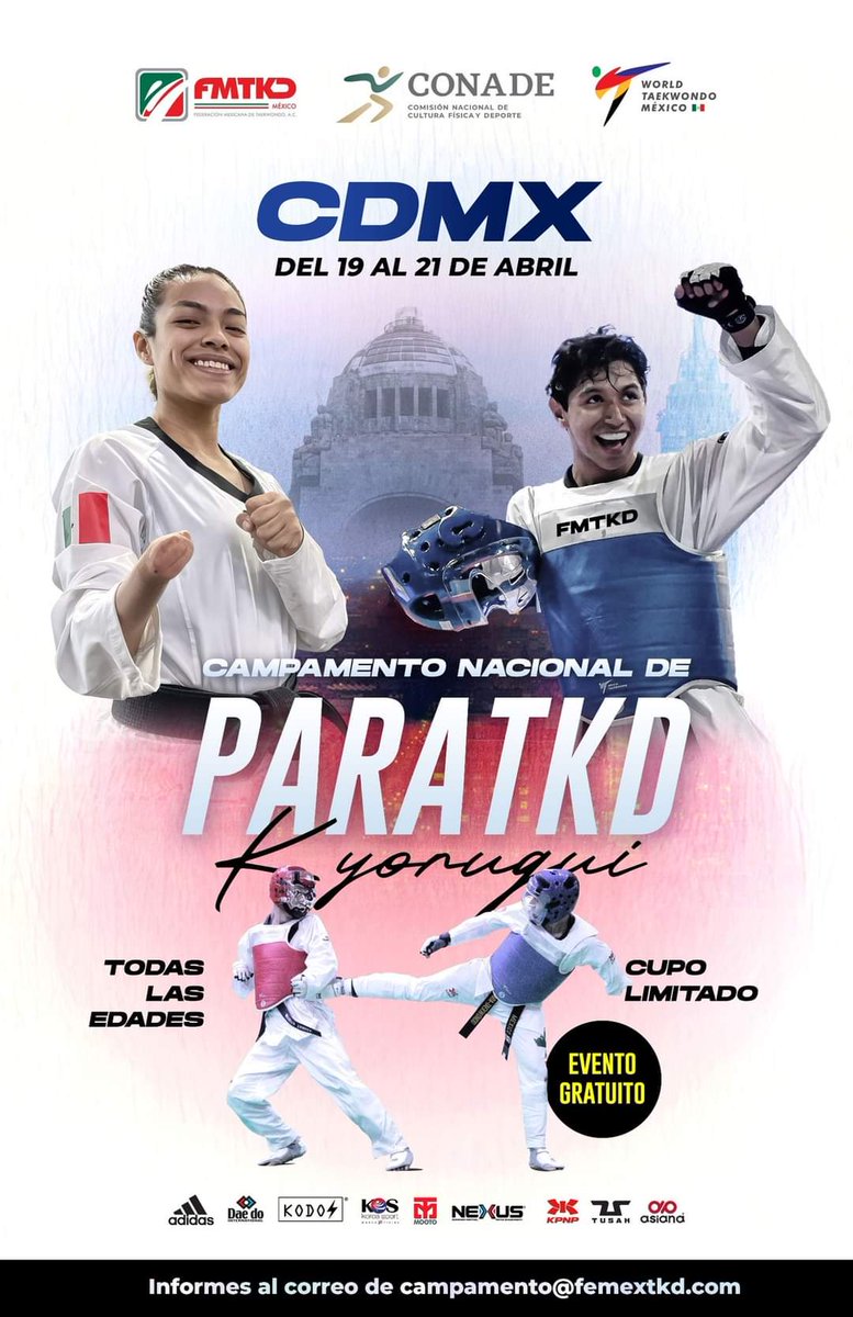 #Preparación 🥋👍 La #FMTKD te invita al Campamento Nacional de ParaTaekwondo que se realizará del 19 al 21 de abril en la CDMX. El Campamento es para la modalidad de Kyorugui y para todas las edades. Informes al correo: campamento@femextkd.com #Taekwondo #SOYFEDERADO