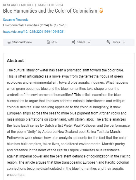 Dr Susanne Ferwerda (@susanneferwerda) on Twitter photo My article "Blue Humanities and the Color of Colonialism" is out now in <a href="/EnvHumanities/">Enviro Humanities</a> ! 💙🌊 #envhum read.dukeupress.edu/environmental-… My article "Blue Humanities and the Color of Colonialism" is out now in <a href="/EnvHumanities/">Enviro Humanities</a> ! 💙🌊 #envhum read.dukeupress.edu/environmental-…