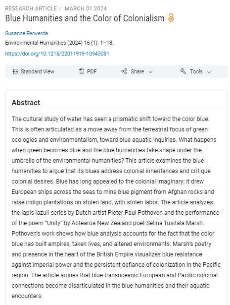 My article 'Blue Humanities and the Color of Colonialism' is out now in @EnvHumanities ! 💙🌊 #envhum read.dukeupress.edu/environmental-…