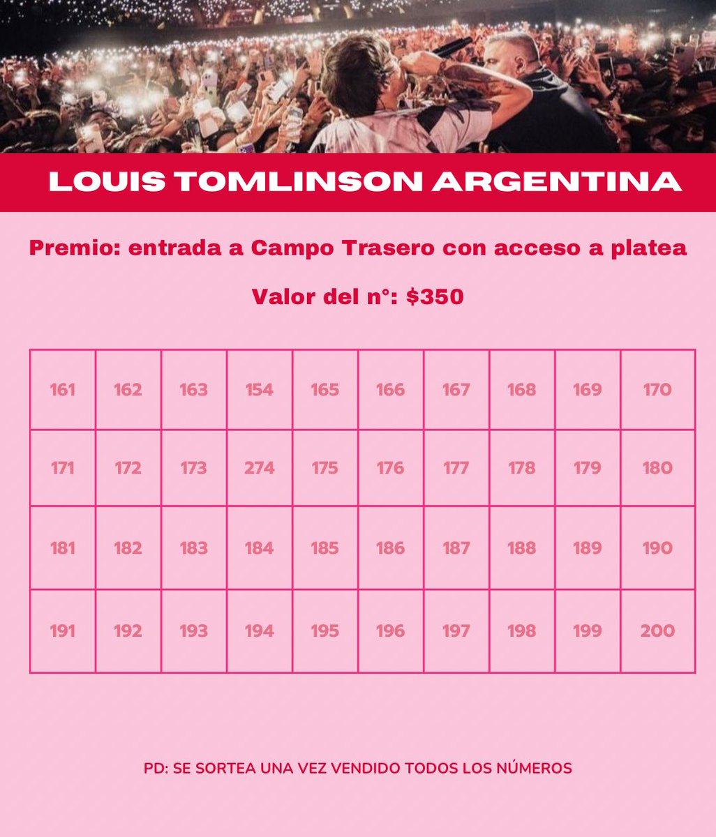 RIFA LOUIS TOMLINSON 🪐 200 número para poder ganarte una entrada el 18 de Mayo para ver a Louis en campo trasero a $350 me pueden escribir por priv o por ig @/v.worldofbooks 🤍

PD: LA ENTRADA SE SORTEA CUSNDO SE VENDAN TODOS LOS NÚMEROS