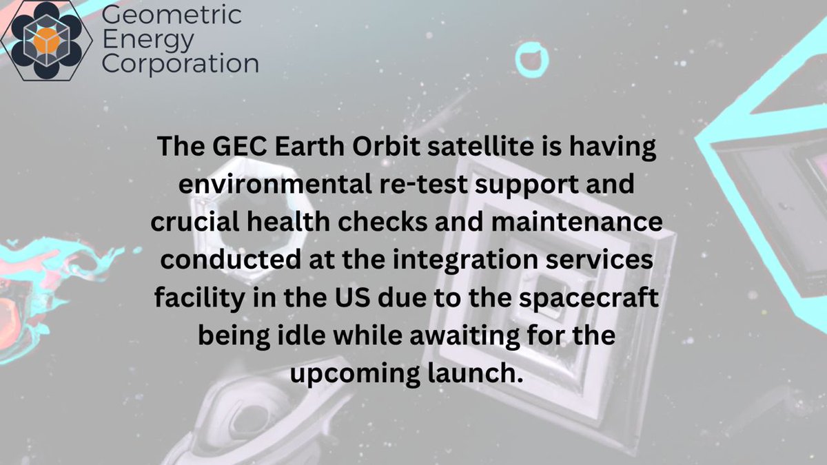 The GEC Earth Orbit Satellite MOXY-1 <a href="/Moxyio/">Moxy.io</a> is having environmental re-test support and crucial health checks and maintenance conducted at the integration services facility in the US due to the spacecraft being idle while awaiting for the upcoming launch!🚀
$GEC <a href="/GeometricEnergy/">Geometric Energy Corporation (GEC)</a>