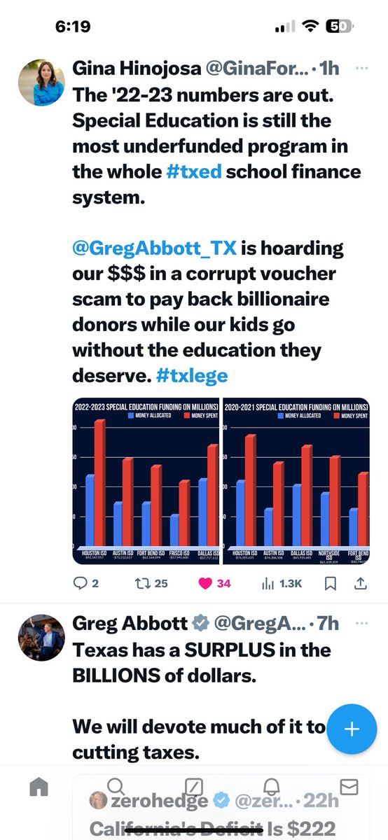 I open up my X feed & I see two Texans with polar opposite priorities. @GinaForAustin who’s a longtime champion for #TxEd public schools fighting for Texas children, then there’s @GregAbbott_TX who’s focused on more tax cuts for millionaires & billionaires over Texas children.