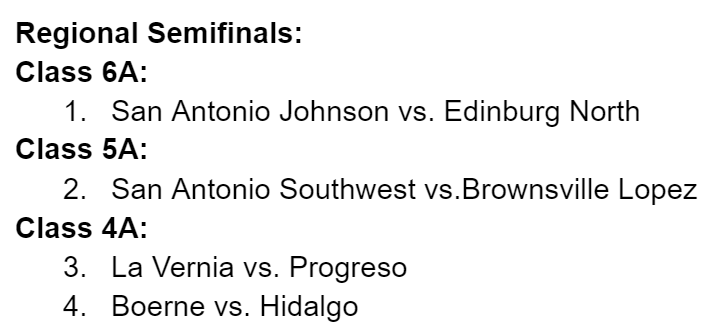 ByIvanPalacios's tweet photo. Here are the regional semifinal pairings for the RGV's final four boys soccer teams. #RGVSoccer #RGVFutbol https://t.co/NRRR8KXIbJ