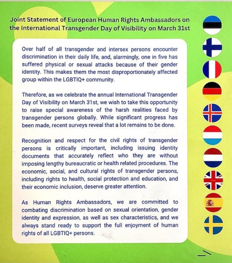 Delphine Borione (@delphborione) on Twitter photo European #HumanRightsAmbassadors always stand ready to support the full enjoyment of #HumanRights of all #LGBTIQ+ persons. ⬇️ Here is our joint statement.
#TransDayOfVisibility <a href="/francediplo/">France Diplomatie 🇫🇷🇪🇺</a> European #HumanRightsAmbassadors always stand ready to support the full enjoyment of #HumanRights of all #LGBTIQ+ persons. ⬇️ Here is our joint statement.
#TransDayOfVisibility <a href="/francediplo/">France Diplomatie 🇫🇷🇪🇺</a>