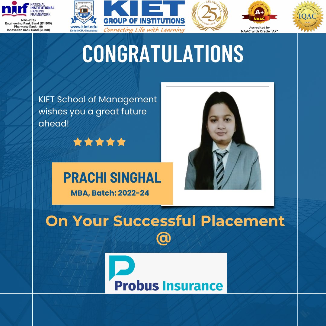 Congratulations to Prachi Singhal (MBA Final Year) on her successful placement at Probus!

#KIETGroupofInstitutions #KIETGZB #KIET #AKTU #AICTE #KSOM #Placement #Success #Probus #KIETSchoolofManagement #TopManagementCollegeinDelhiNCR