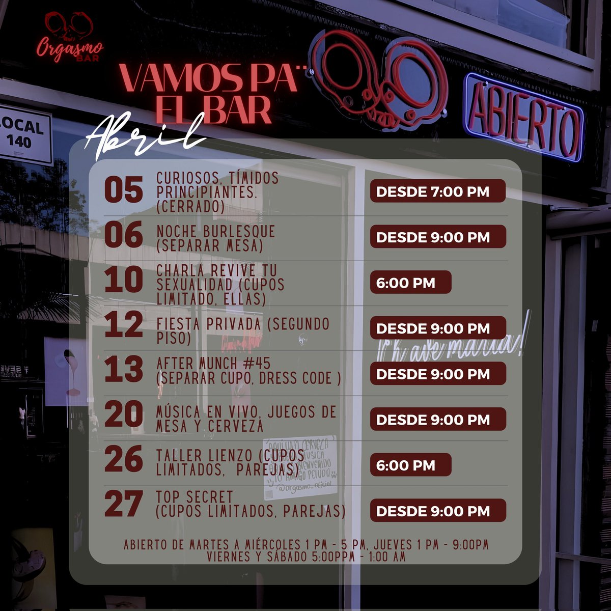 oficial_orgasmo's tweet photo. Programación de Abril
Separar mesa y más info de cada evento en https://t.co/P5dCvUjtNs https://t.co/XIKYtI6T1j