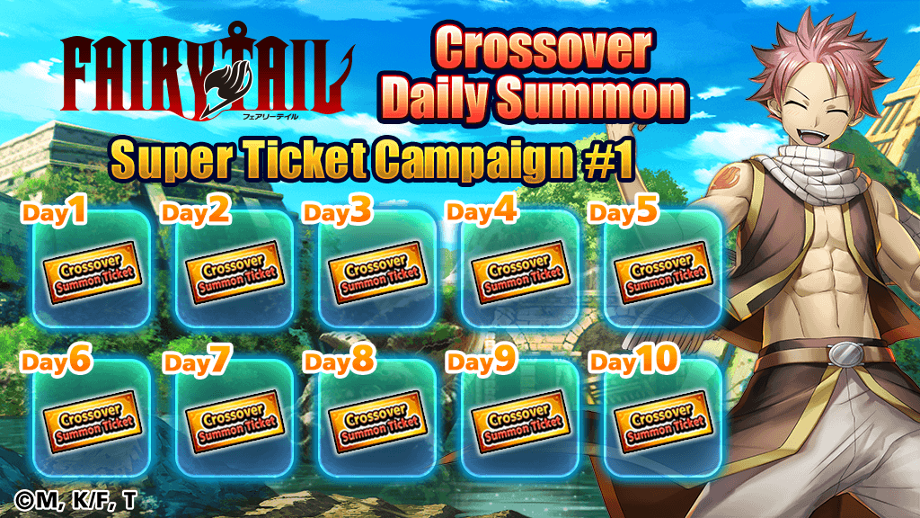 Get more chances to Summon FAIRY TAIL Crossover units! 🎟️ Piles of Crossover Summon Tickets await you just for logging in! Promo period: until 5/10, 4:59 PDT