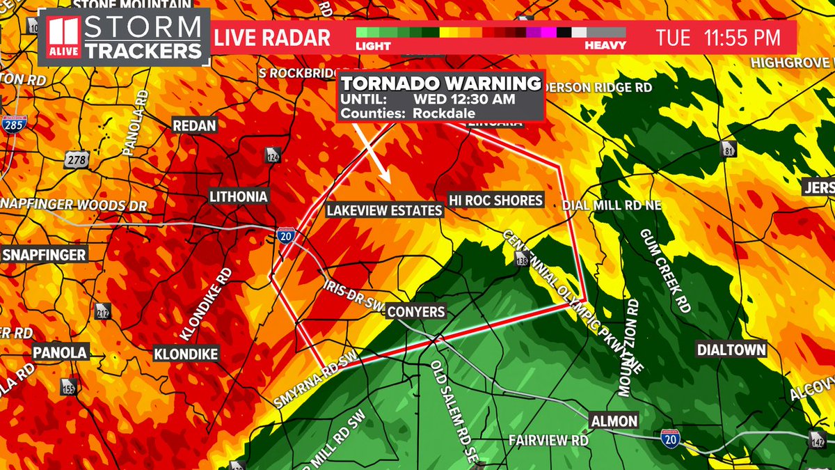 A tornado warning is in effect for Rockdale until 4/03 12:30AM. Tune into @11AliveNews for the latest weather information. #storm11 #gawx