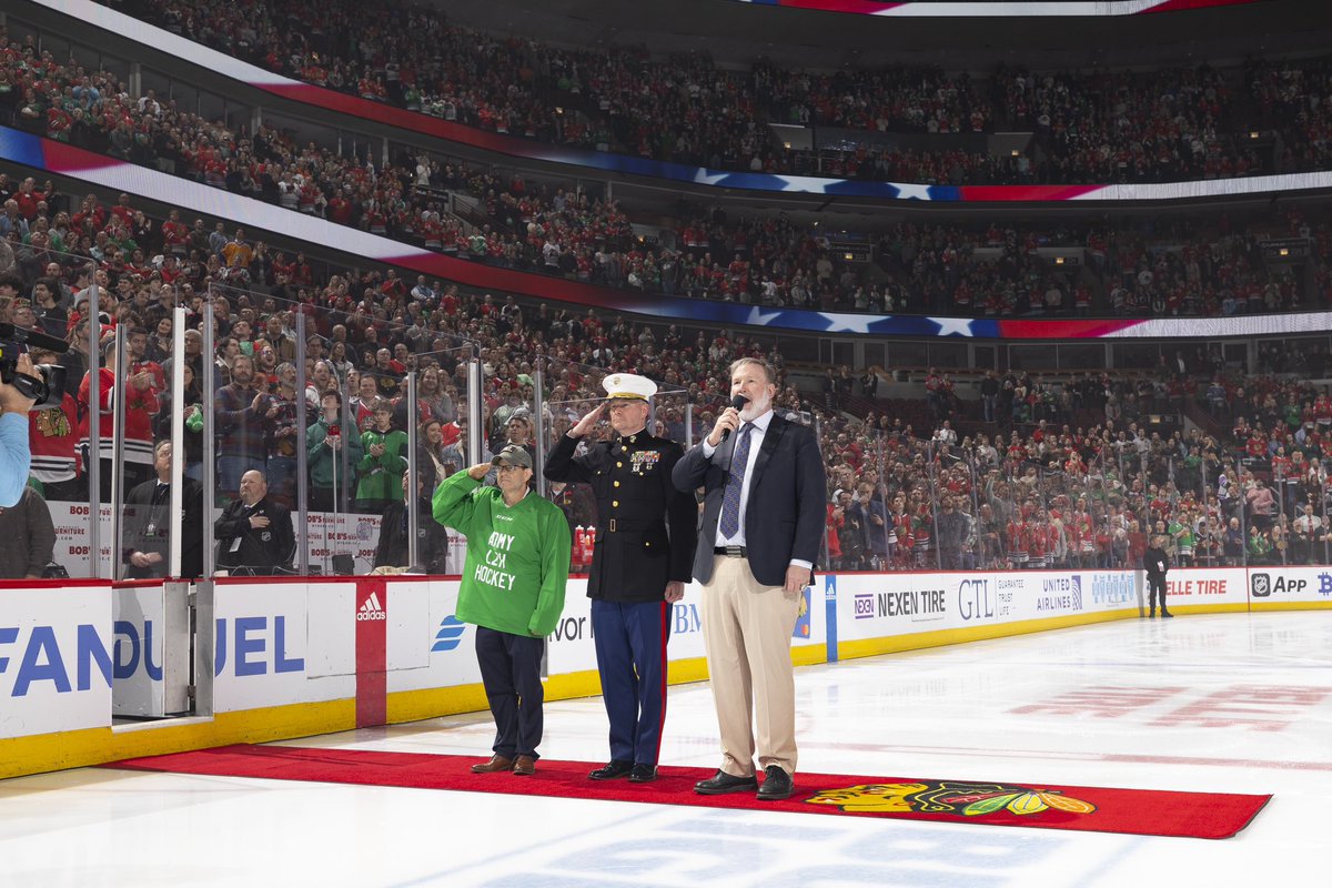Official photos from Salute to Service at the United Center from the Chicago Blackhawks pre game National Anthem on 15 March 2024. #chicagoblackhawks #USO #usarmyreserve #armyveteran #schillerpark #schillerparkil #schillerparkcrew #eastleyden #leydenhighschool #niu #worklikeadog