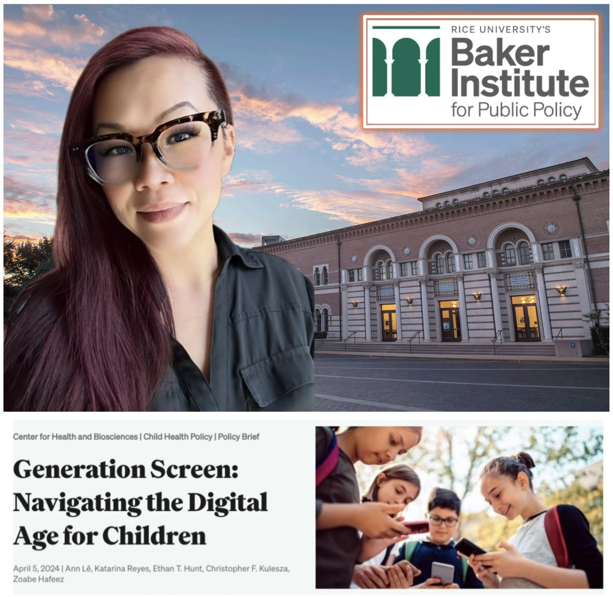 🚨COMING FRIDAY 🚨: A #Policy brief I have been collaborating with #RiceUniversity #BakerInstitute Center for #Health & #Biosciences is dropping #FRIDAY #FriYAY “Generation Screen: Navigating the #Digital Age for Children” Link Available SOON! #published #author #researcher #tech