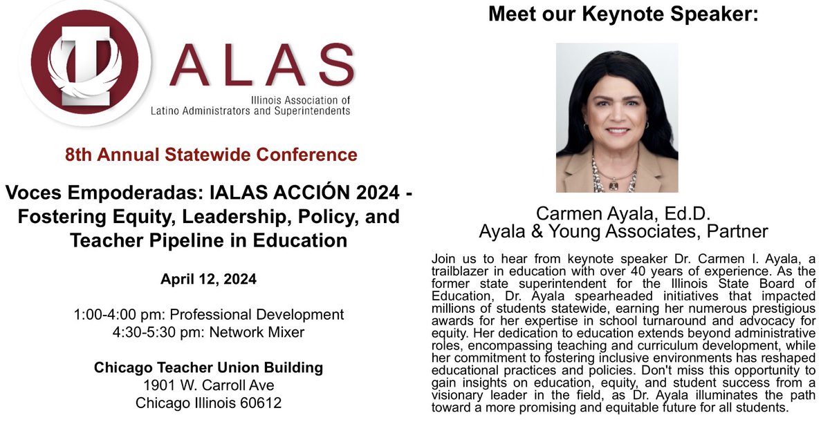 Excited to announce our keynote speaker! Join us to hear from Dr. Carmen I. Ayala, a trailblazer in education with over 40 years of experience. Her insights on education, equity, and student success are not to be missed. Learn more: bit.ly/3TL6K5G