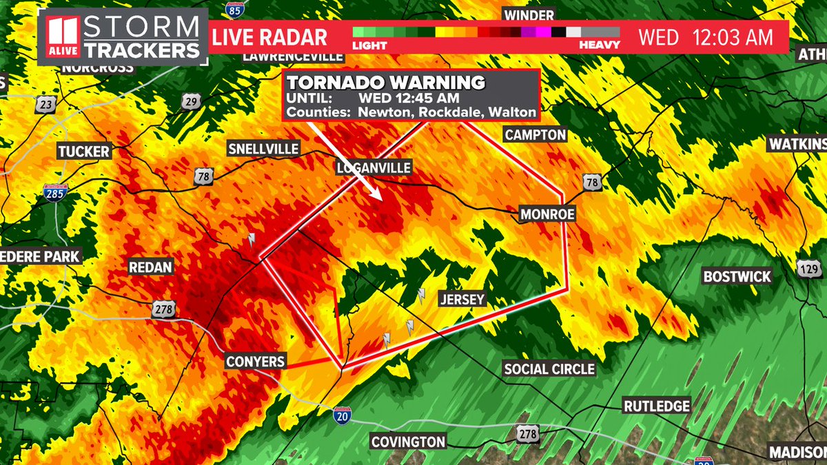 A tornado warning is in effect for Walton, Newton, Rockdale until 4/03 12:45AM. Tune into @11AliveNews for the latest weather information. #storm11 #gawx