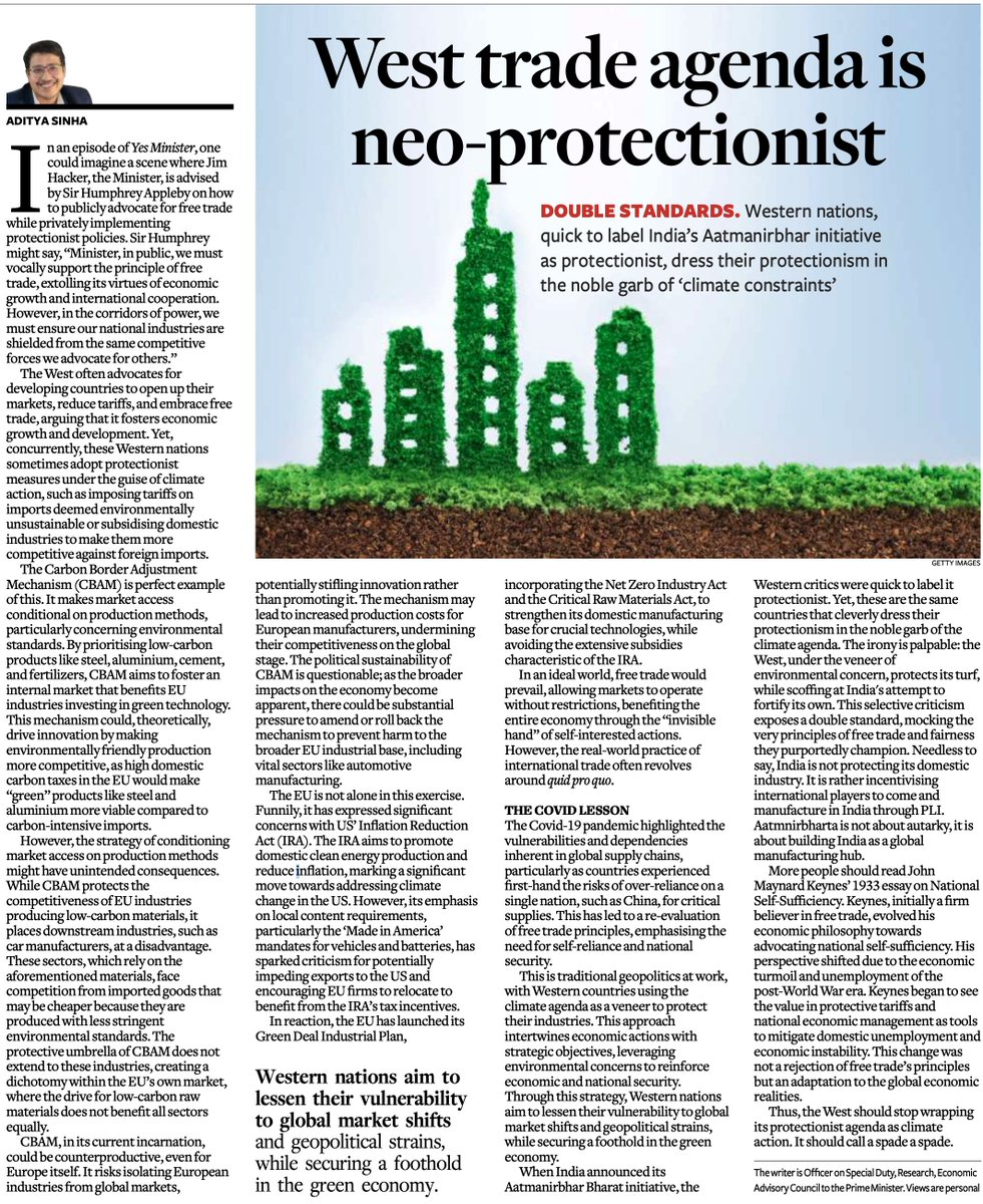 In my latest column for the Hindu @businessline, I delve into the emerging trend of Western countries advocating for free trade but subtly engaging in protectionist practices under the guise of climate action. The narrative pushes developing nations towards open markets, yet the…