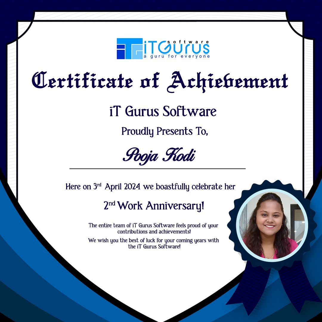Sending warm wishes on your work anniversary, along with gratitude for your valuable contributions and unwavering passion.
Happy Work Anniversary to @ Pooja Kodi from Team iT Gurus Software!

#career #TranscendentalITServices #GurusOfIT #iTGurussoftware #employeespotlight