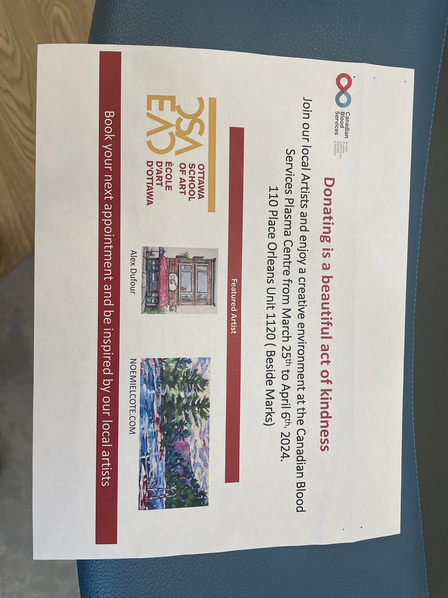 I love the welcoming and professional service culture at our Orleans @CanadasLifeline. Enjoyed reading @Thomas_dAquino @kwadwo777 books… must reads… while giving the gift of life. Consider making a donation today. Enjoyed the work of local artists